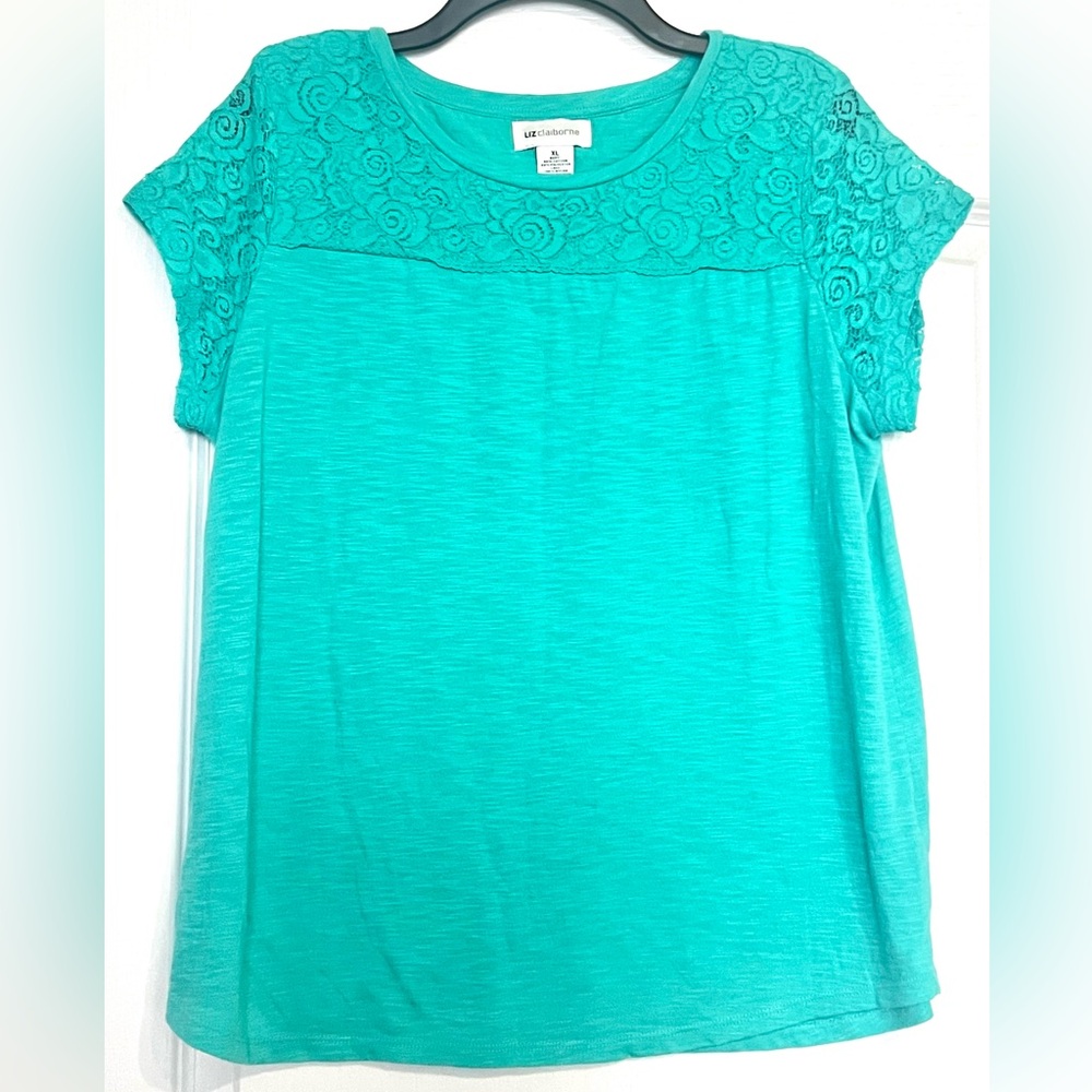 Liz Claiborne Turquoise Short, Laced Knit Sleeve Women's Top